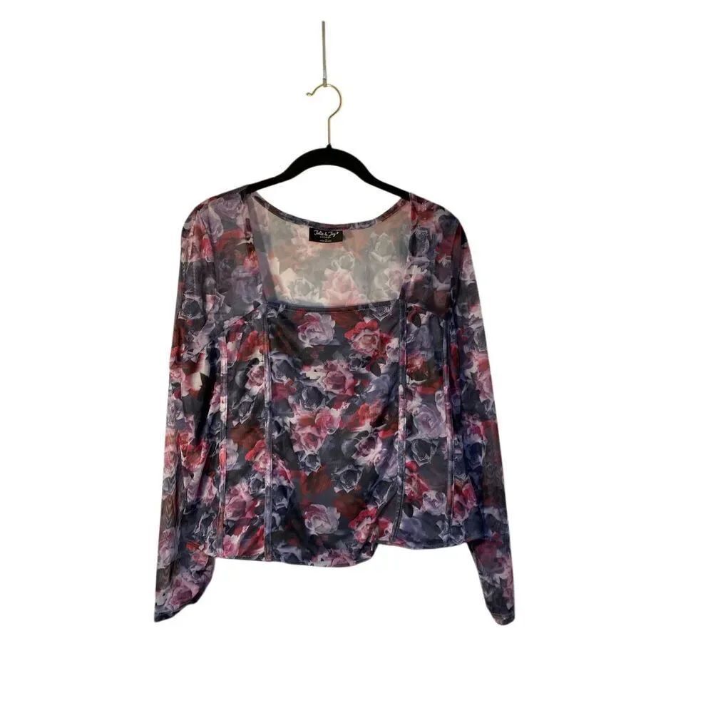 NWT Jolie & joy gray & pink floral, semi sheer whimsigoth top 1X